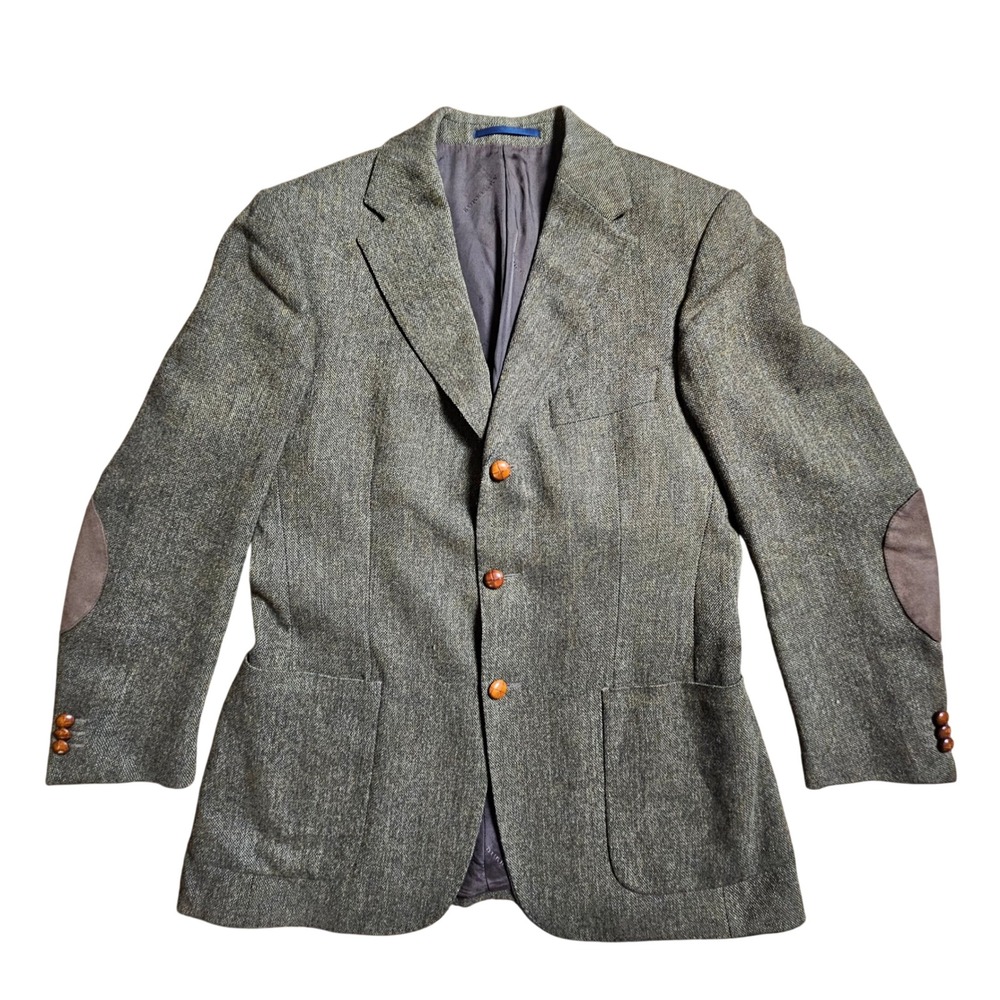 Burberry London Mens 46 Wool Tweed Blazer Green Brown Elbow Patch 3-Button Italy